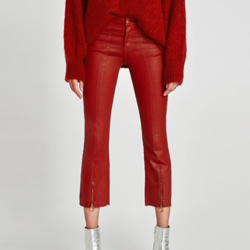 Zara Kick Flare Red Coated Trousers with Zipper